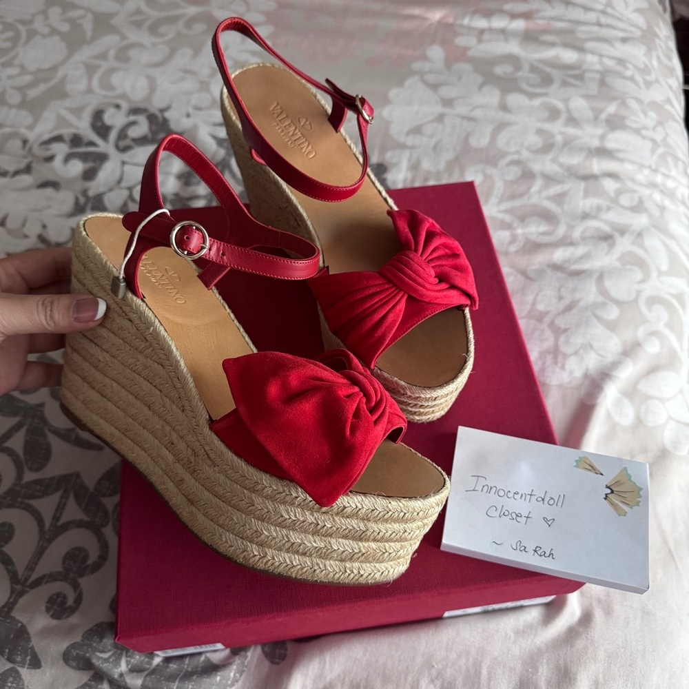 Valentino Red Espadrille Wedges with Bow Detail